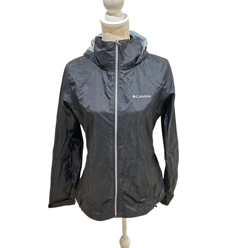 Columbia Black hooded rain nylon windbreaker zip up Jacket zip pockets small - Picture 2 of 9